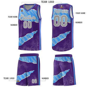 Custom Purple Light Blue-White Tear Graffiti Pattern Sports Uniform Basketball Jersey