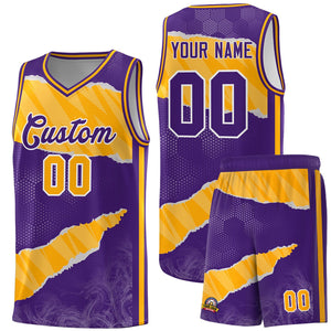 Custom Purple Yellow-White Tear Graffiti Pattern Sports Uniform Basketball Jersey