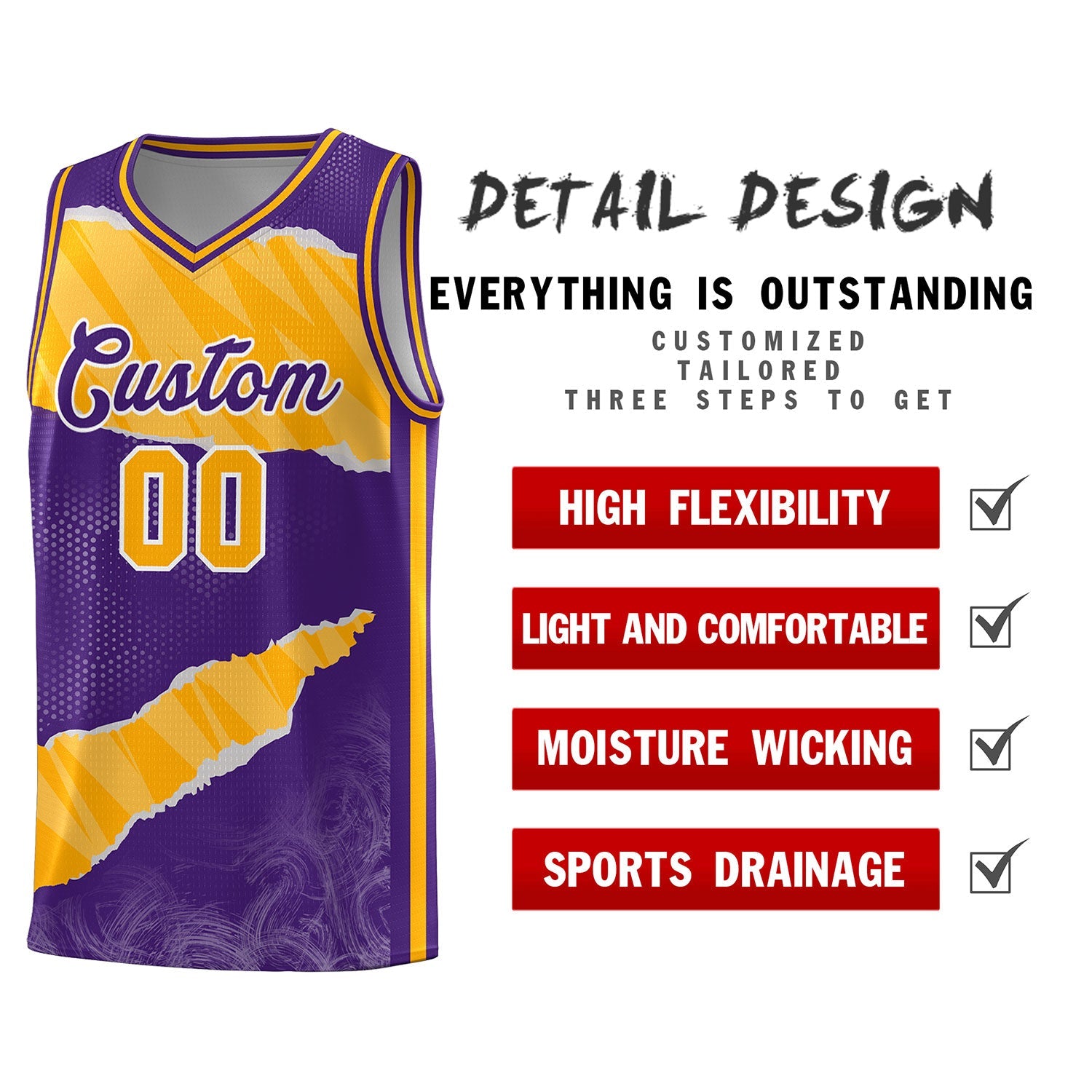 Custom Purple Yellow-White Tear Graffiti Pattern Sports Uniform Basketball Jersey