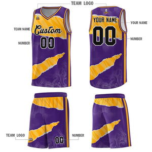 Custom Purple Yellow-White Tear Graffiti Pattern Sports Uniform Basketball Jersey