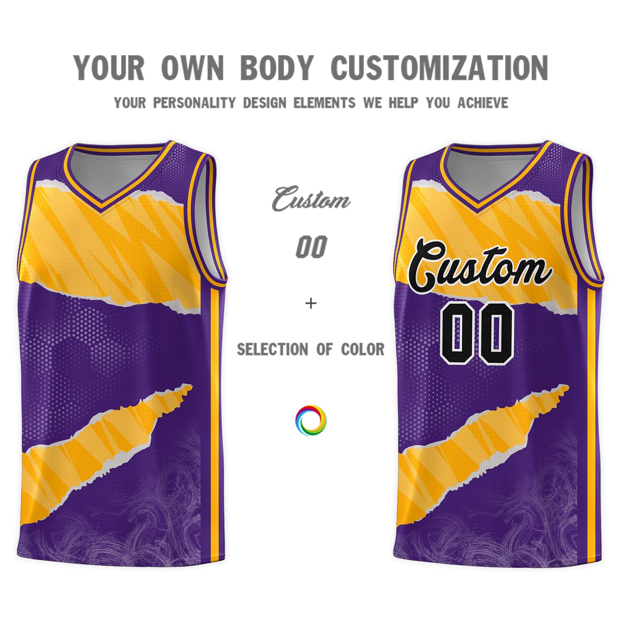 Custom Purple Yellow-White Tear Graffiti Pattern Sports Uniform Basketball Jersey