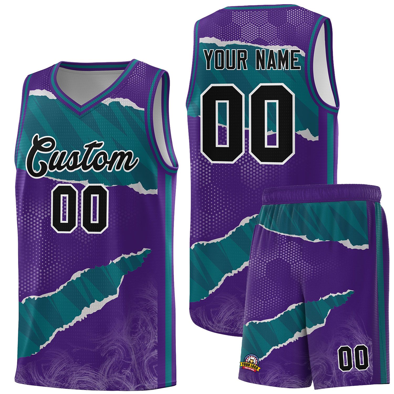 Custom Purple Aqua-Black Tear Graffiti Pattern Sports Uniform Basketball Jersey