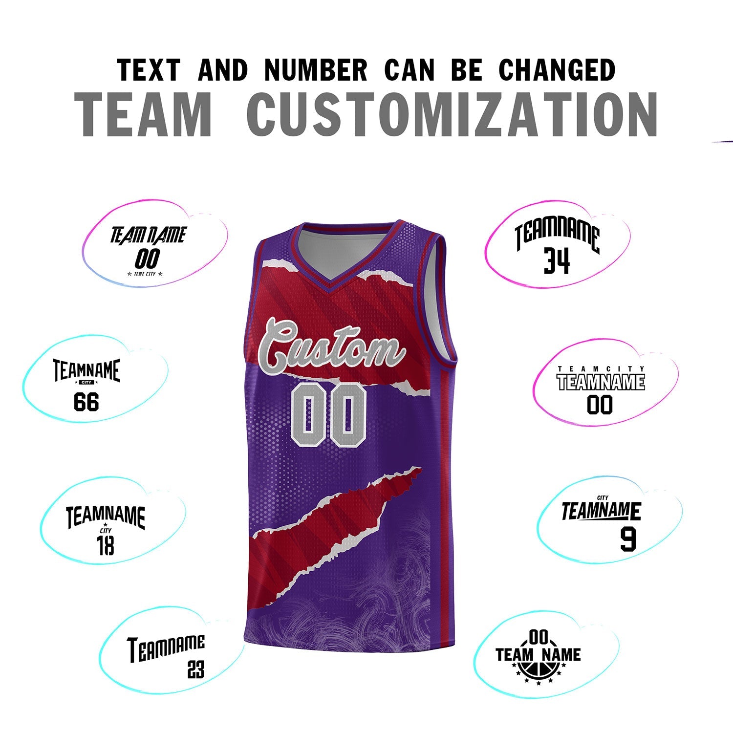 Custom Purple Crimson-Black Tear Graffiti Pattern Sports Uniform Basketball Jersey