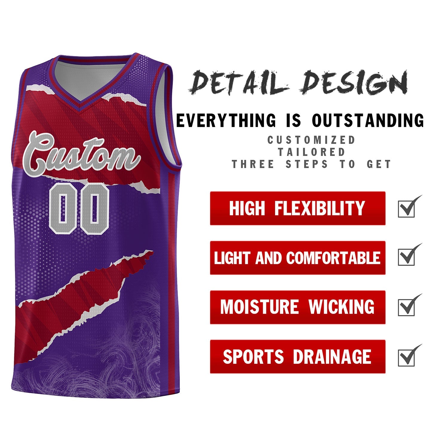 Custom Purple Crimson-Black Tear Graffiti Pattern Sports Uniform Basketball Jersey