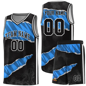 Custom Black Light Blue-Navy Tear Graffiti Pattern Sports Uniform Basketball Jersey