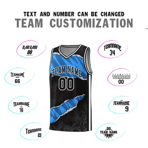 Custom Black Light Blue-Navy Tear Graffiti Pattern Sports Uniform Basketball Jersey