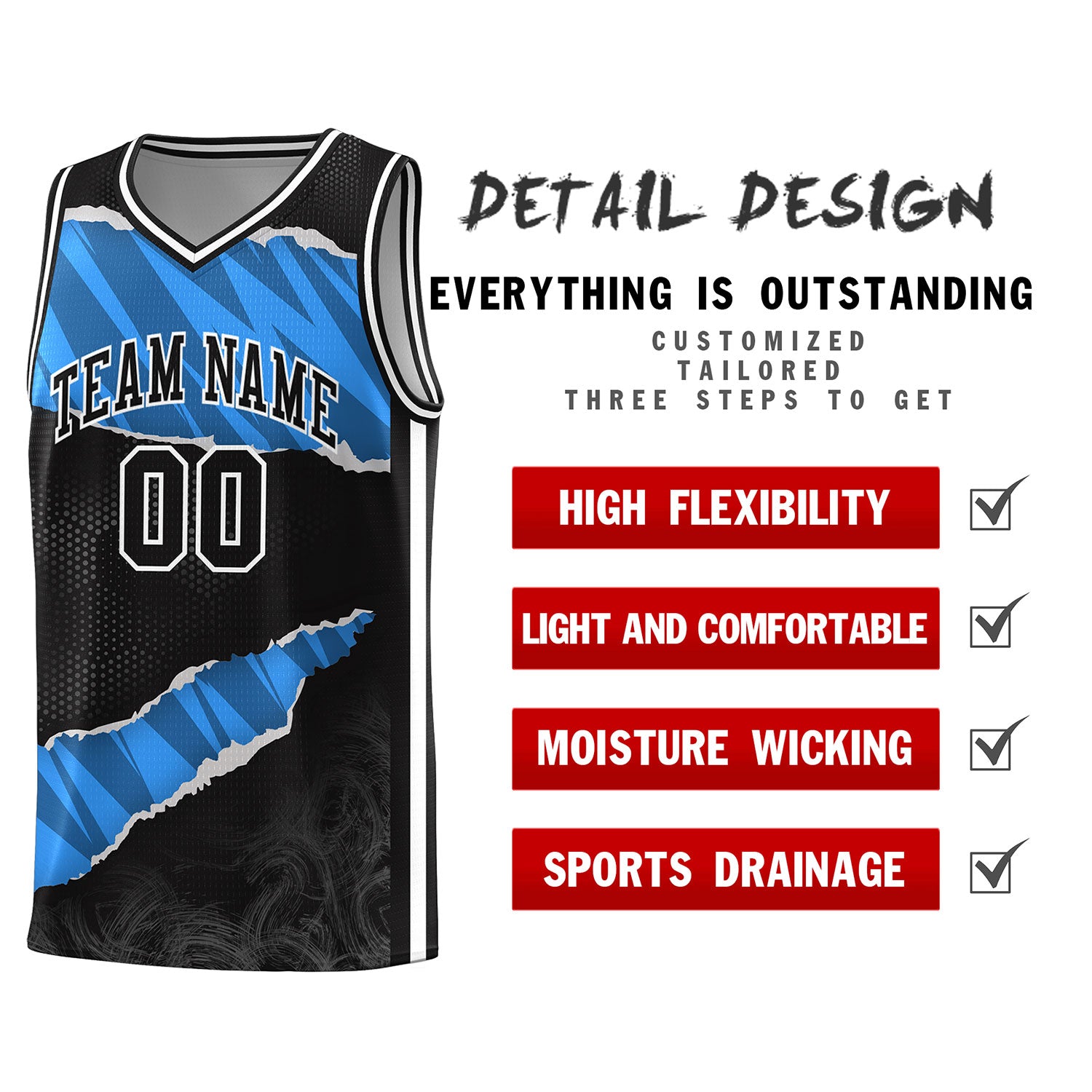 Custom Black Light Blue-Navy Tear Graffiti Pattern Sports Uniform Basketball Jersey