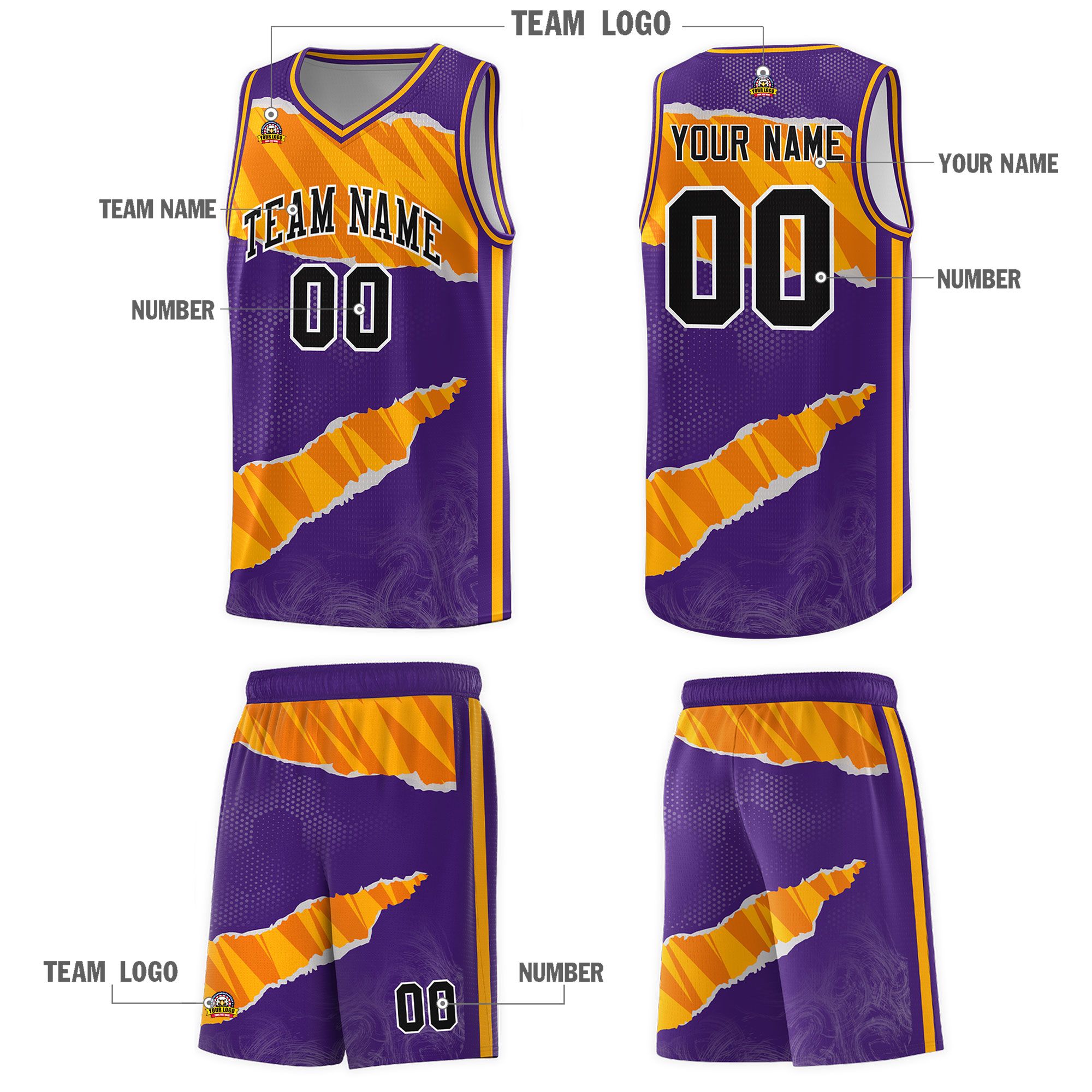 Custom Purple Yellow-Orange Tear Graffiti Pattern Sports Uniform Basketball Jersey