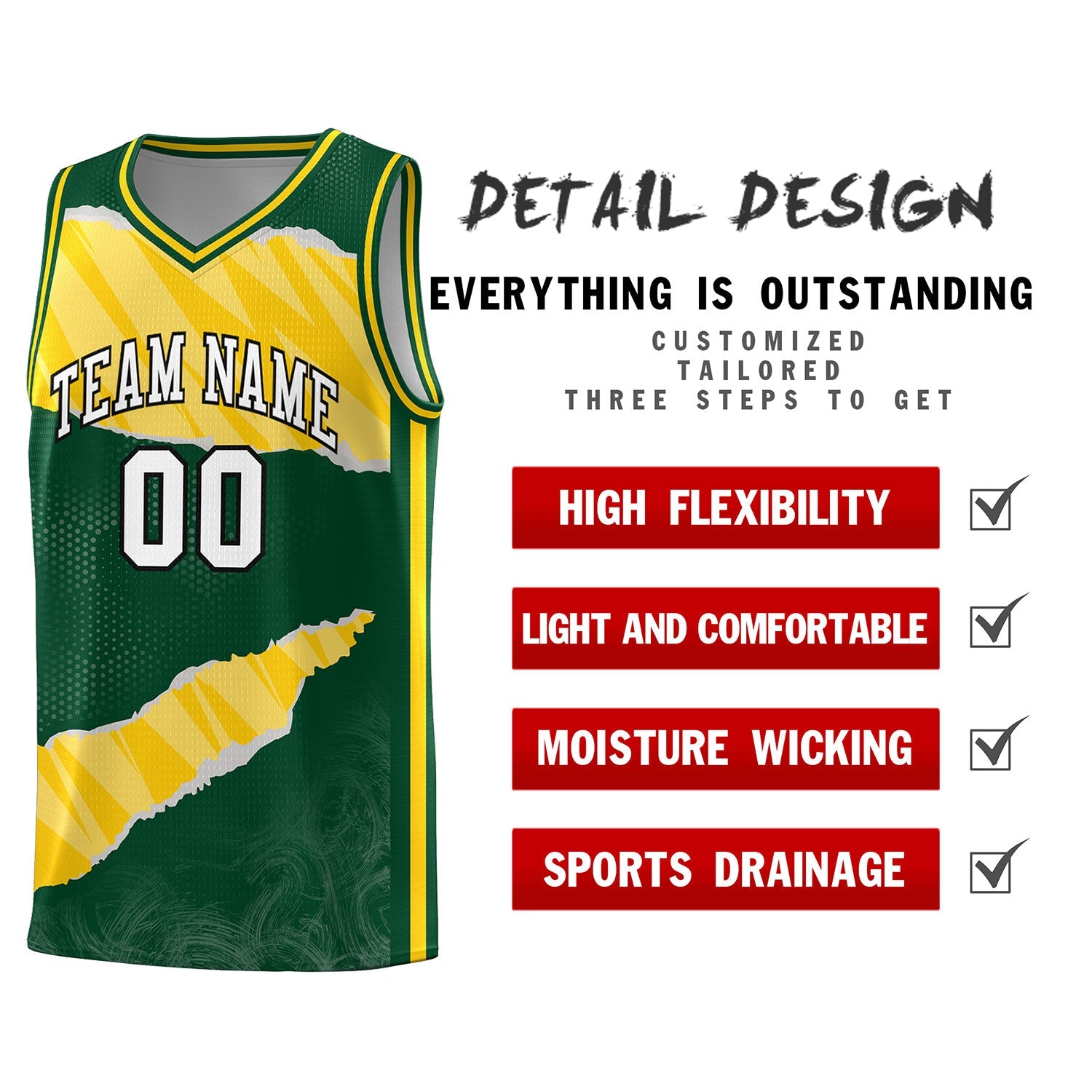 Custom Hunter Green Gold-White Tear Graffiti Pattern Sports Uniform Basketball Jersey