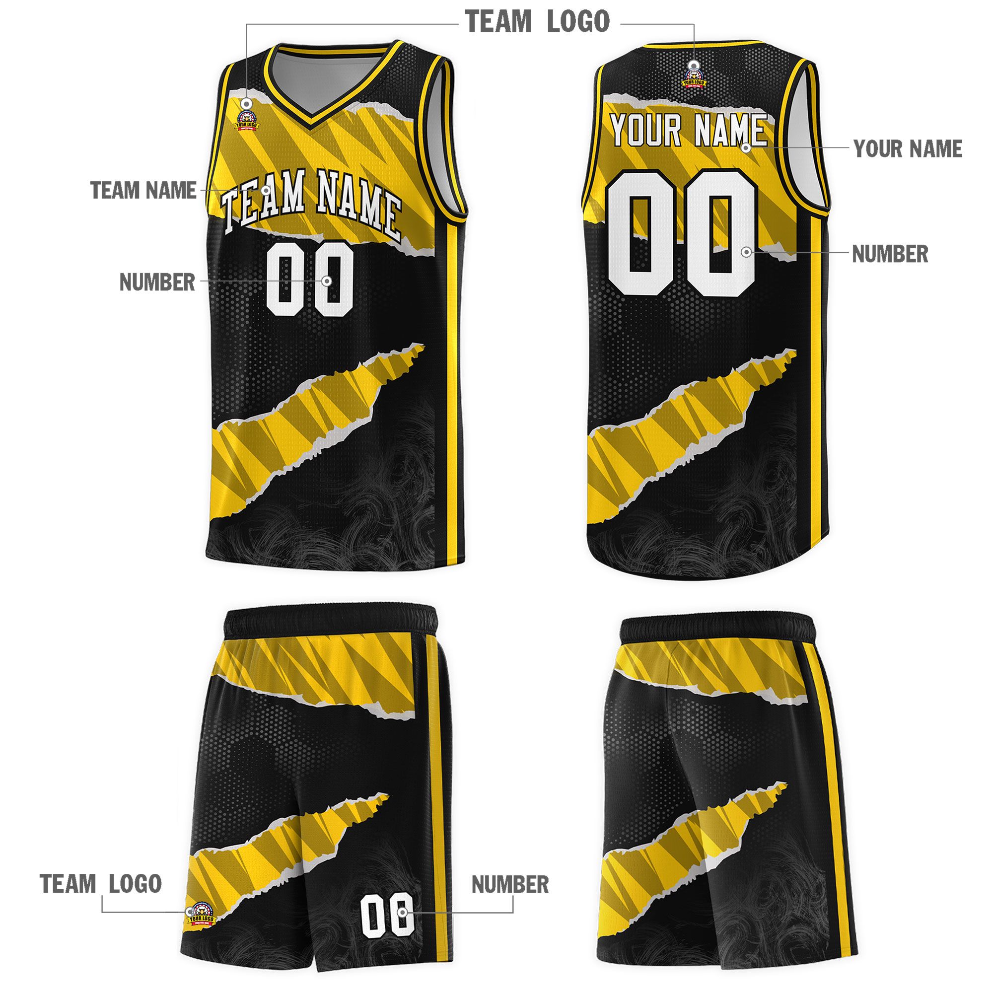 Custom Black Gold-Black Tear Graffiti Pattern Sports Uniform Basketball Jersey