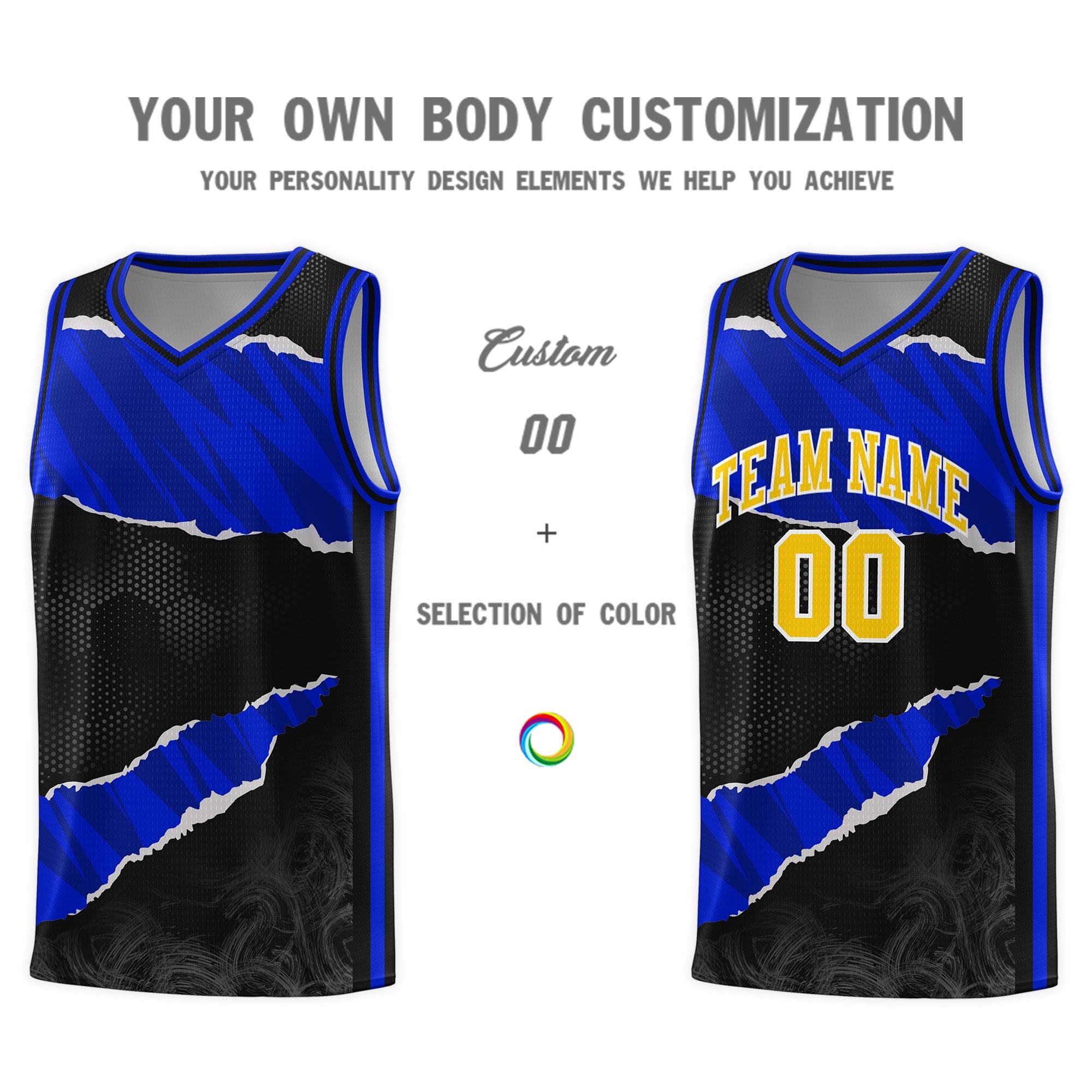 Custom Black Royal-Navy Tear Graffiti Pattern Sports Uniform Basketball Jersey