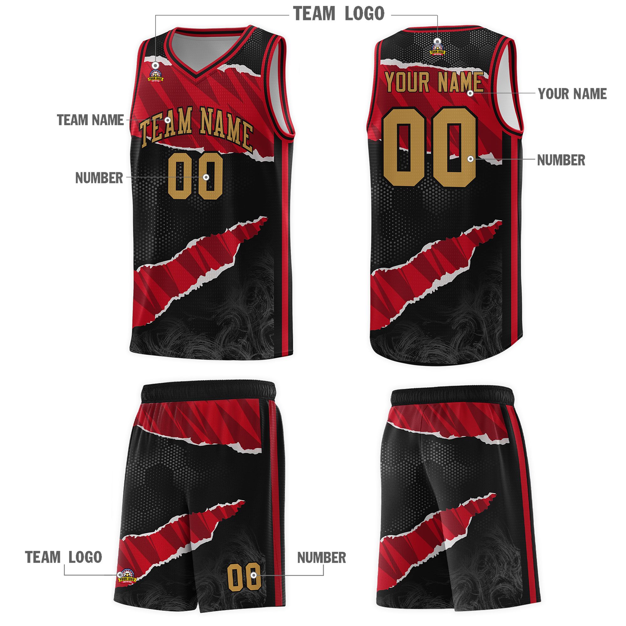 Custom Black Red-Black Tear Graffiti Pattern Sports Uniform Basketball Jersey