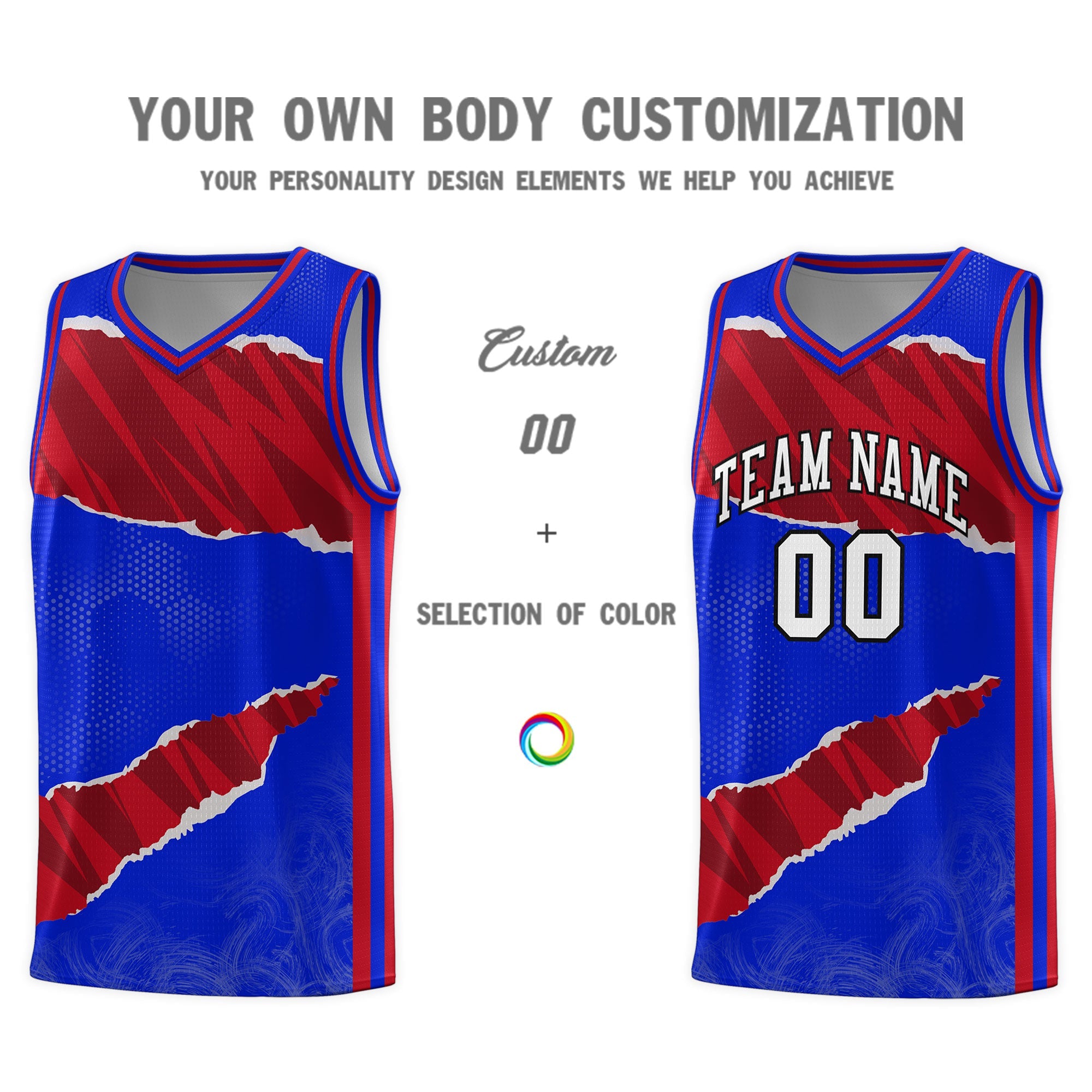 Custom Royal Red-Black Tear Graffiti Pattern Sports Uniform Basketball Jersey