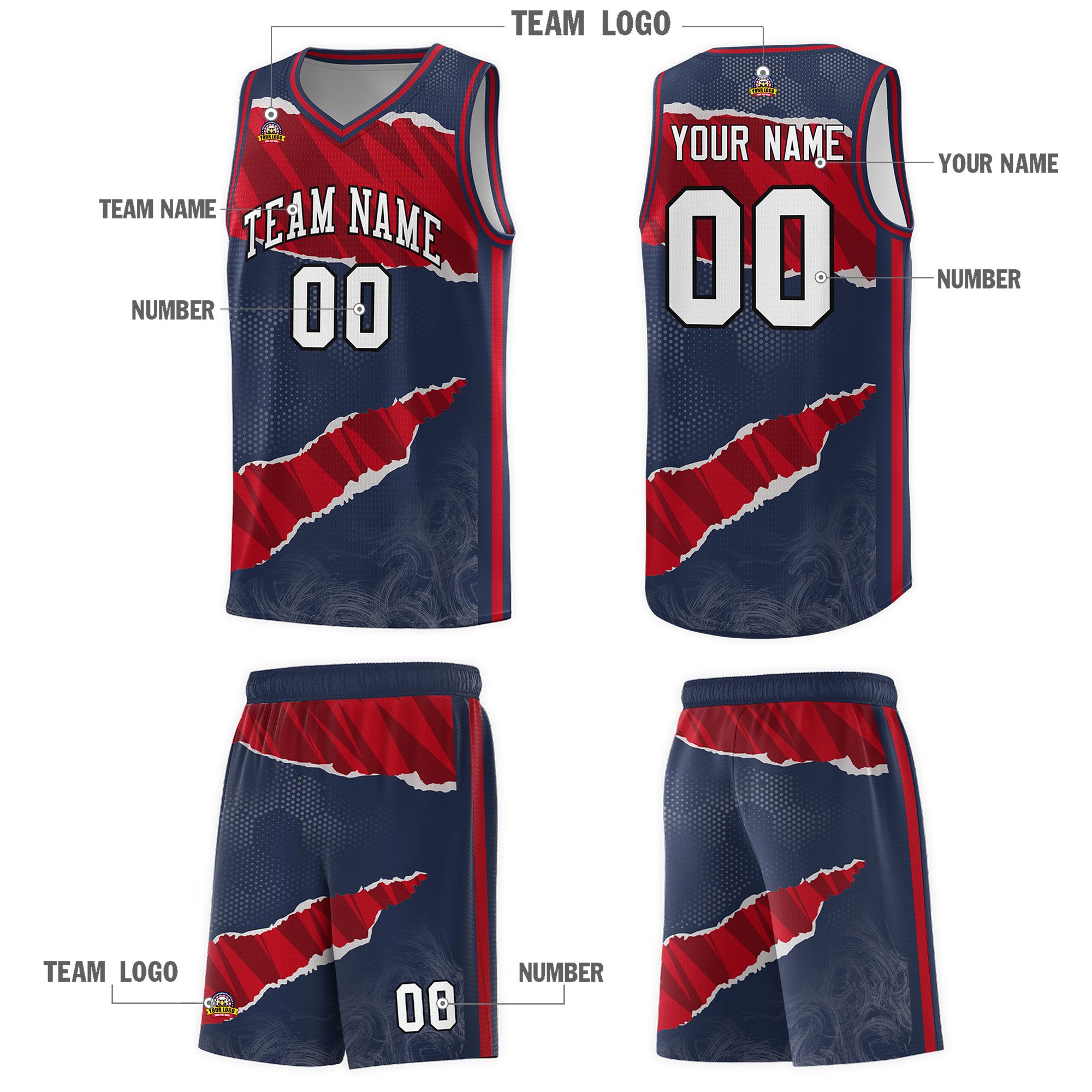 Custom Midnight Blue Red-Black Tear Graffiti Pattern Sports Uniform Basketball Jersey