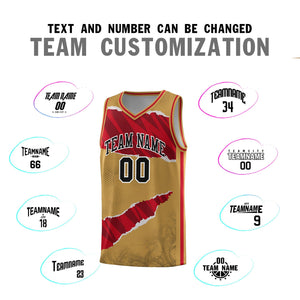 Custom Old Gold Red-Black Tear Graffiti Pattern Sports Uniform Basketball Jersey