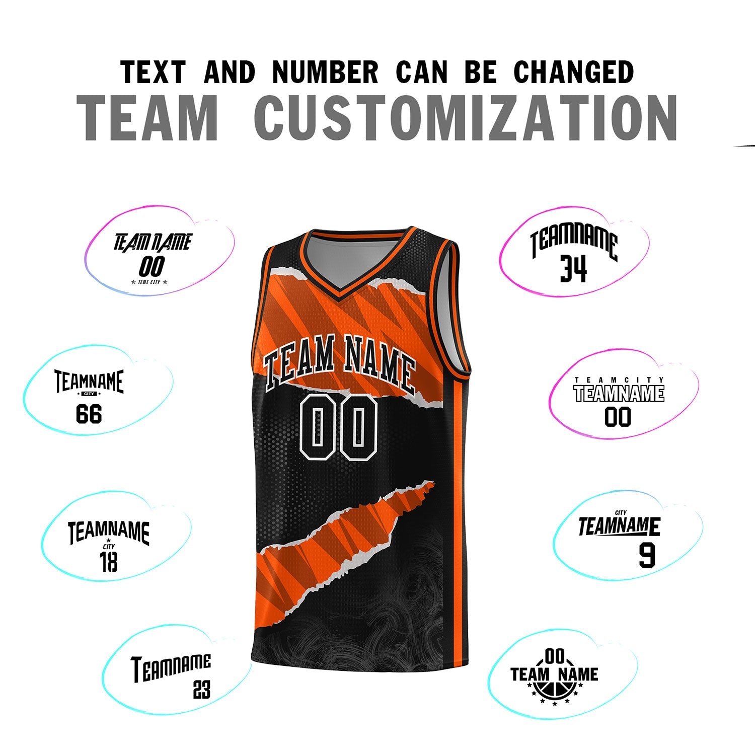 Custom Black Orange-Black Tear Graffiti Pattern Sports Uniform Basketball Jersey