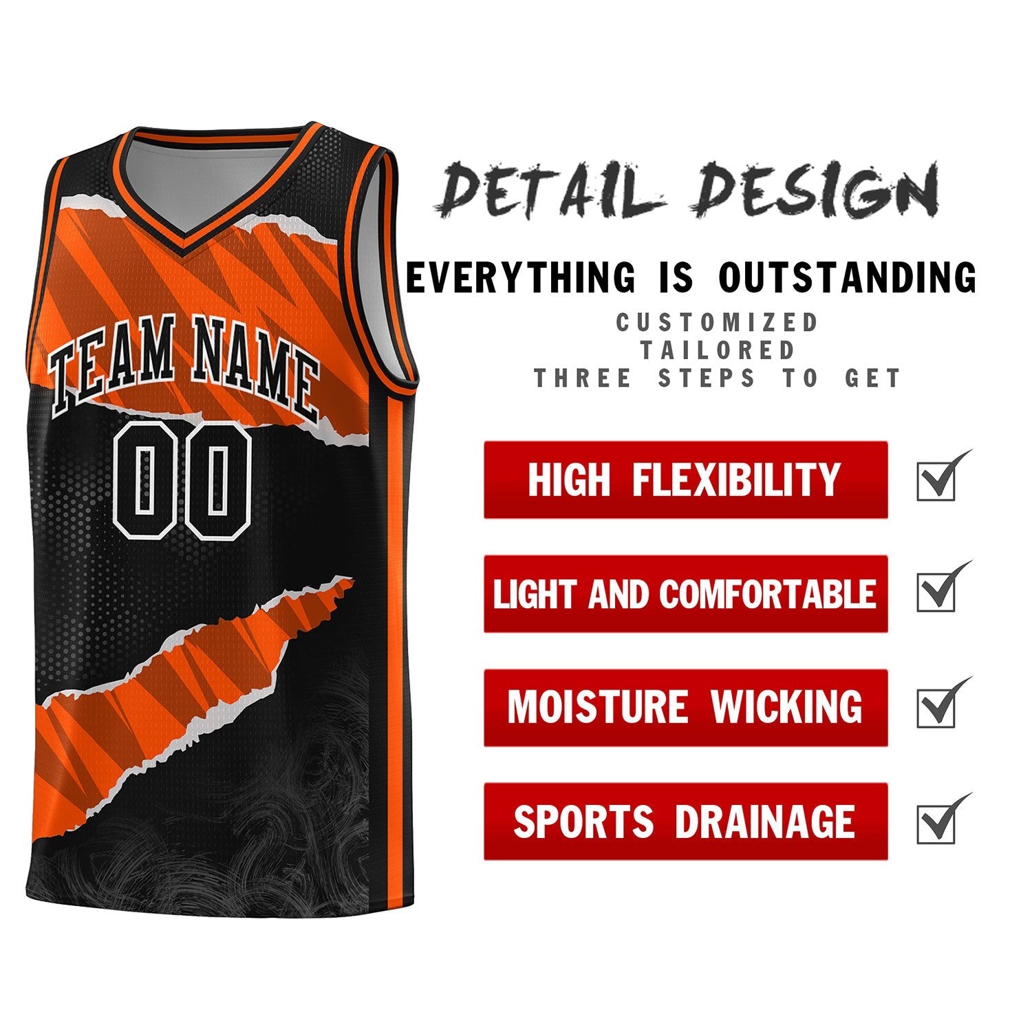 Custom Black Orange-Black Tear Graffiti Pattern Sports Uniform Basketball Jersey