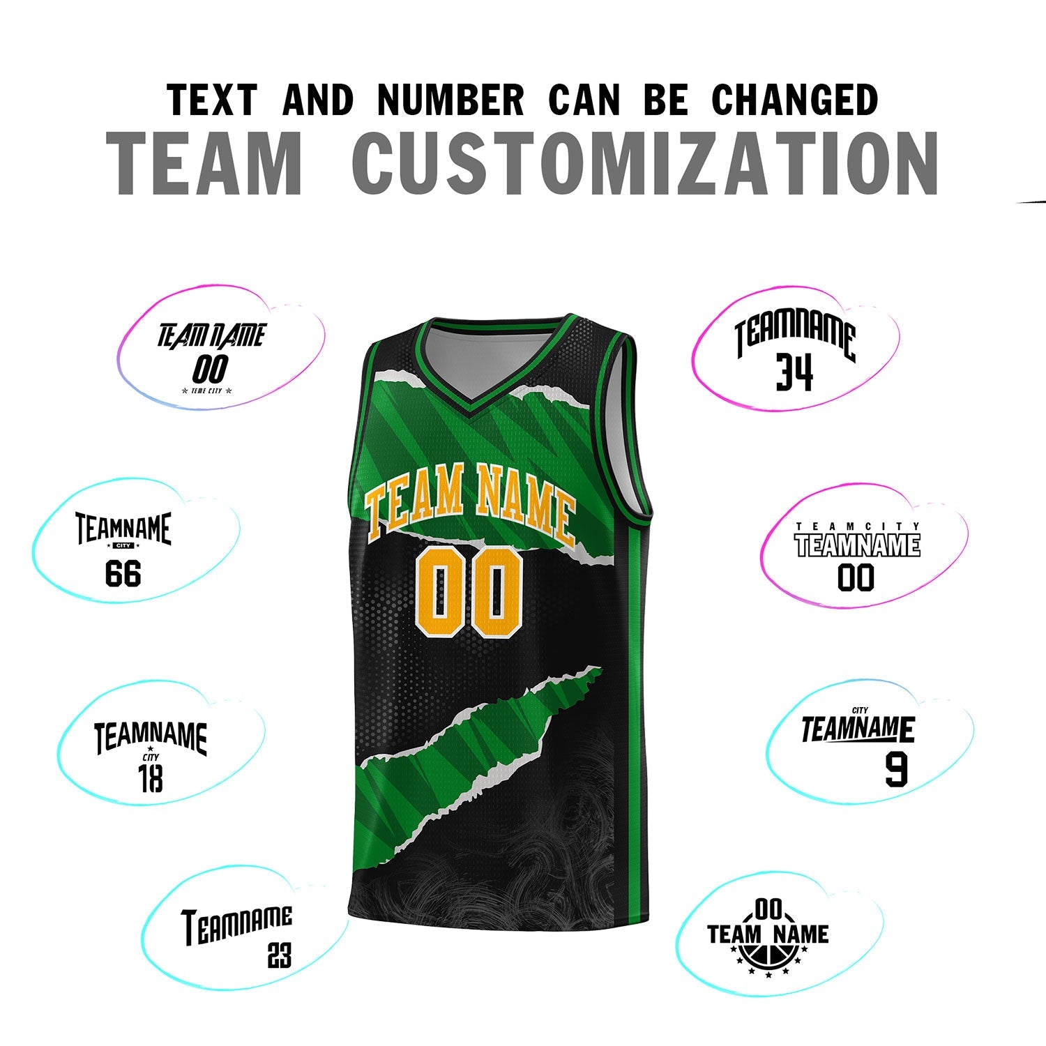 Custom Black Kelly Green-Black Tear Graffiti Pattern Sports Uniform Basketball Jersey