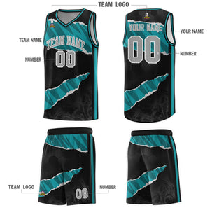 Custom Black Aqua-Black Tear Graffiti Pattern Sports Uniform Basketball Jersey