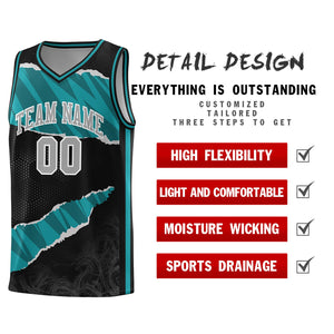 Custom Black Aqua-Black Tear Graffiti Pattern Sports Uniform Basketball Jersey