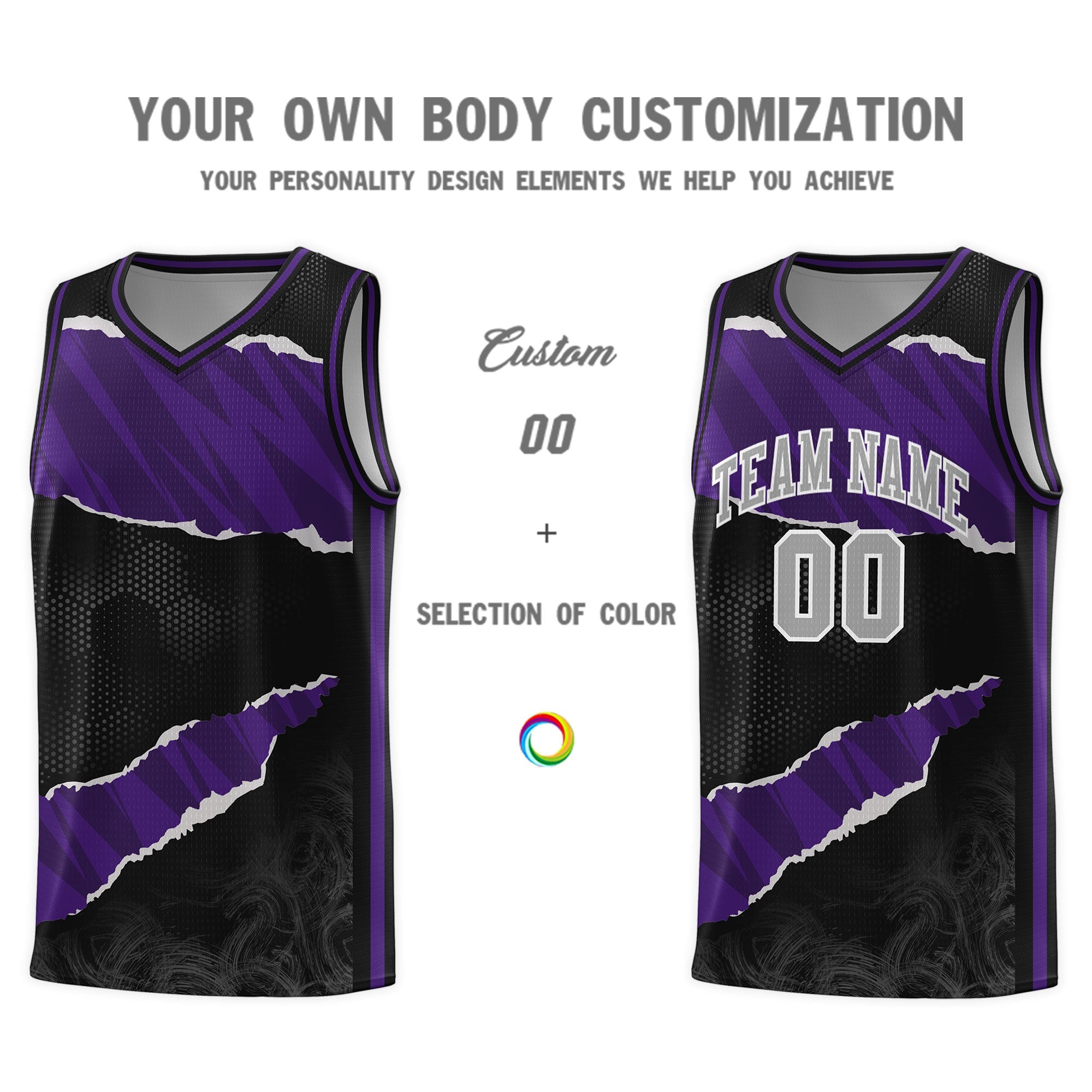 Custom Black Purple-Black Tear Graffiti Pattern Sports Uniform Basketball Jersey