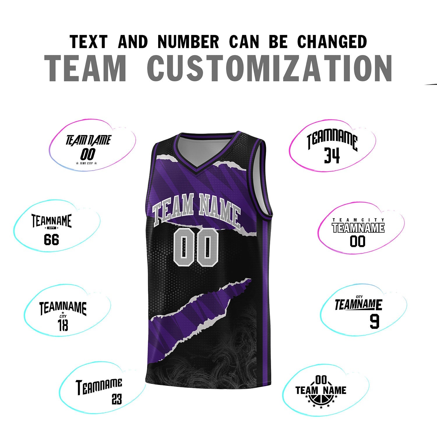 Custom Black Purple-Black Tear Graffiti Pattern Sports Uniform Basketball Jersey