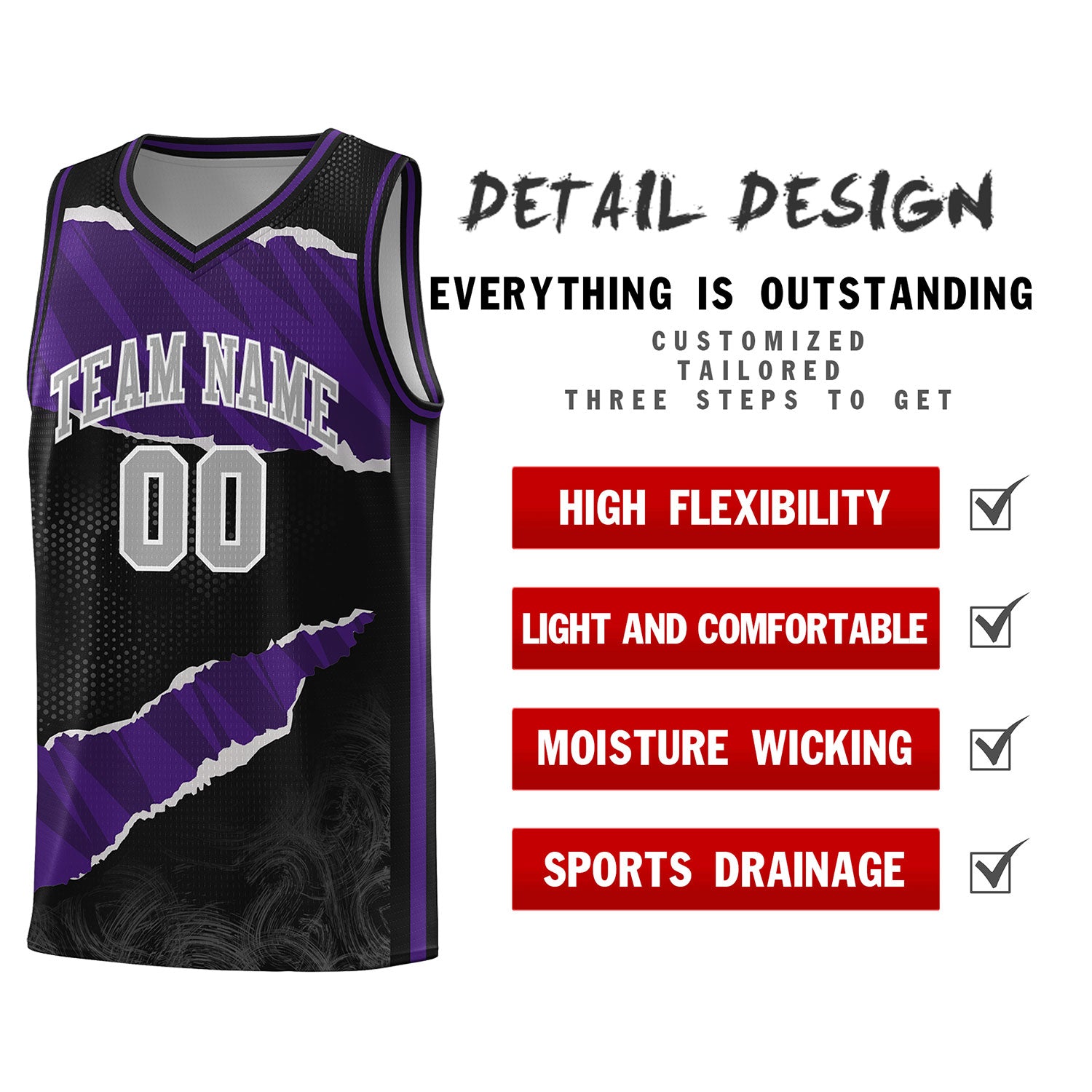 Custom Black Purple-Black Tear Graffiti Pattern Sports Uniform Basketball Jersey