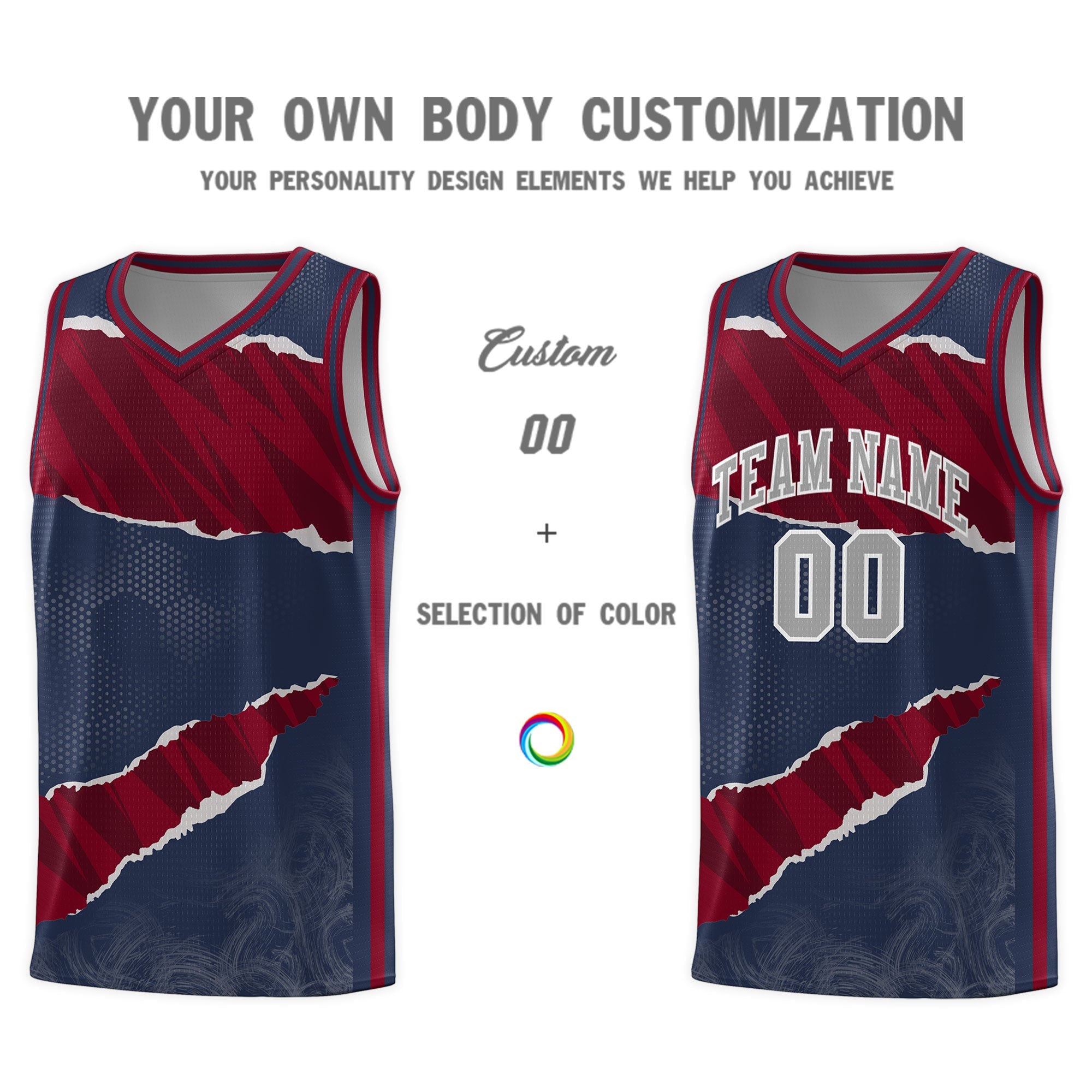 Custom Midnight Blue Crimson-Black Tear Graffiti Pattern Sports Uniform Basketball Jersey