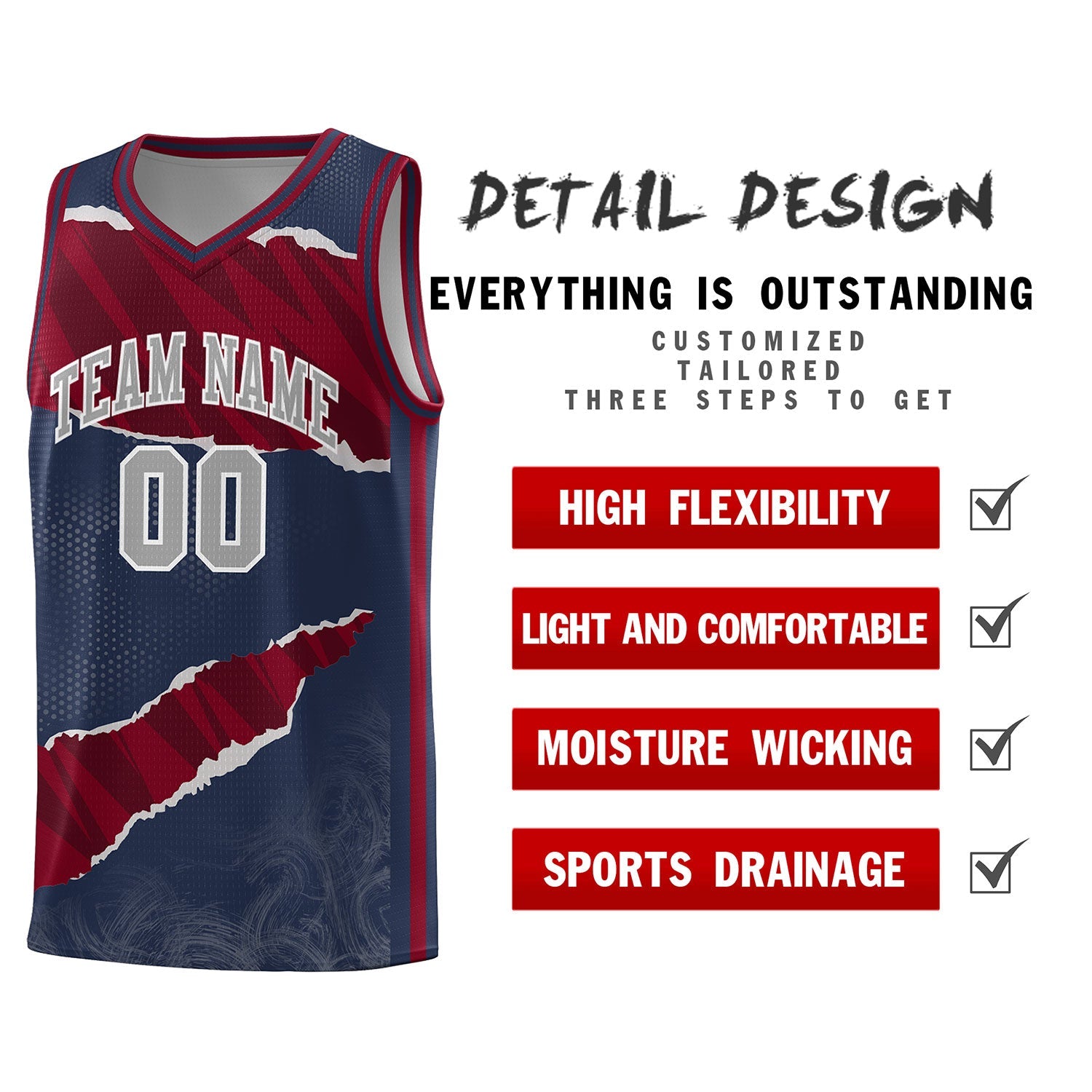 Custom Midnight Blue Crimson-Black Tear Graffiti Pattern Sports Uniform Basketball Jersey