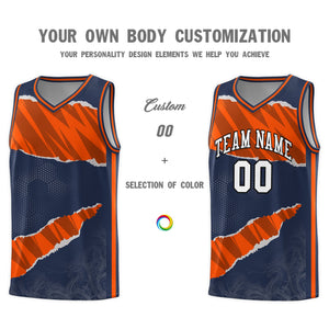 Custom Midnight Blue Orange-Black Tear Graffiti Pattern Sports Uniform Basketball Jersey