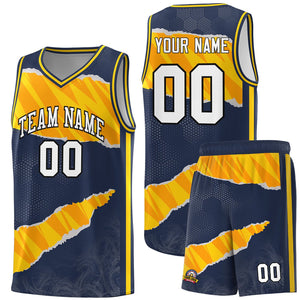 Custom Midnight Blue Gold-Orange Tear Graffiti Pattern Sports Uniform Basketball Jersey