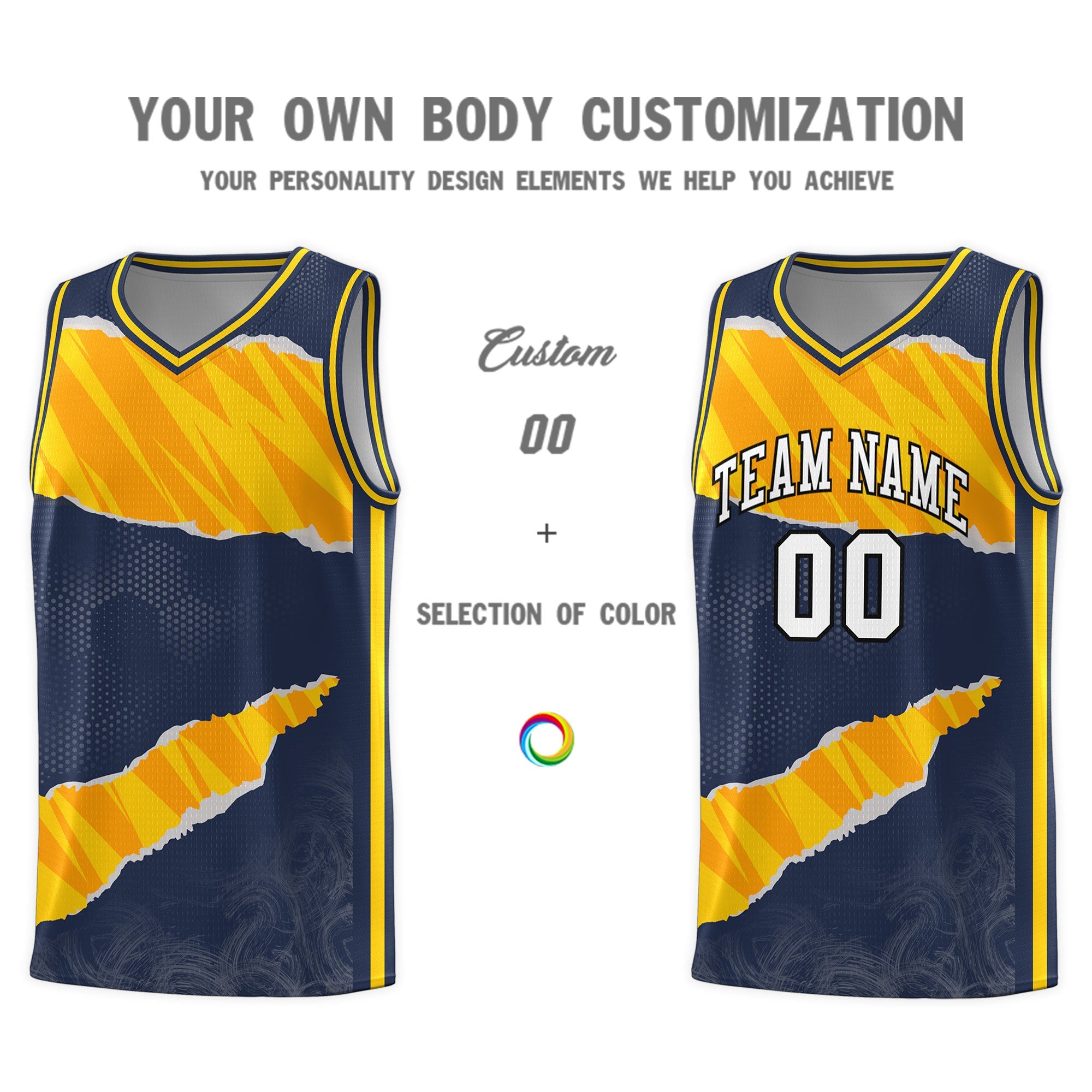 Custom Midnight Blue Gold-Orange Tear Graffiti Pattern Sports Uniform Basketball Jersey