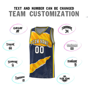 Custom Midnight Blue Gold-Orange Tear Graffiti Pattern Sports Uniform Basketball Jersey