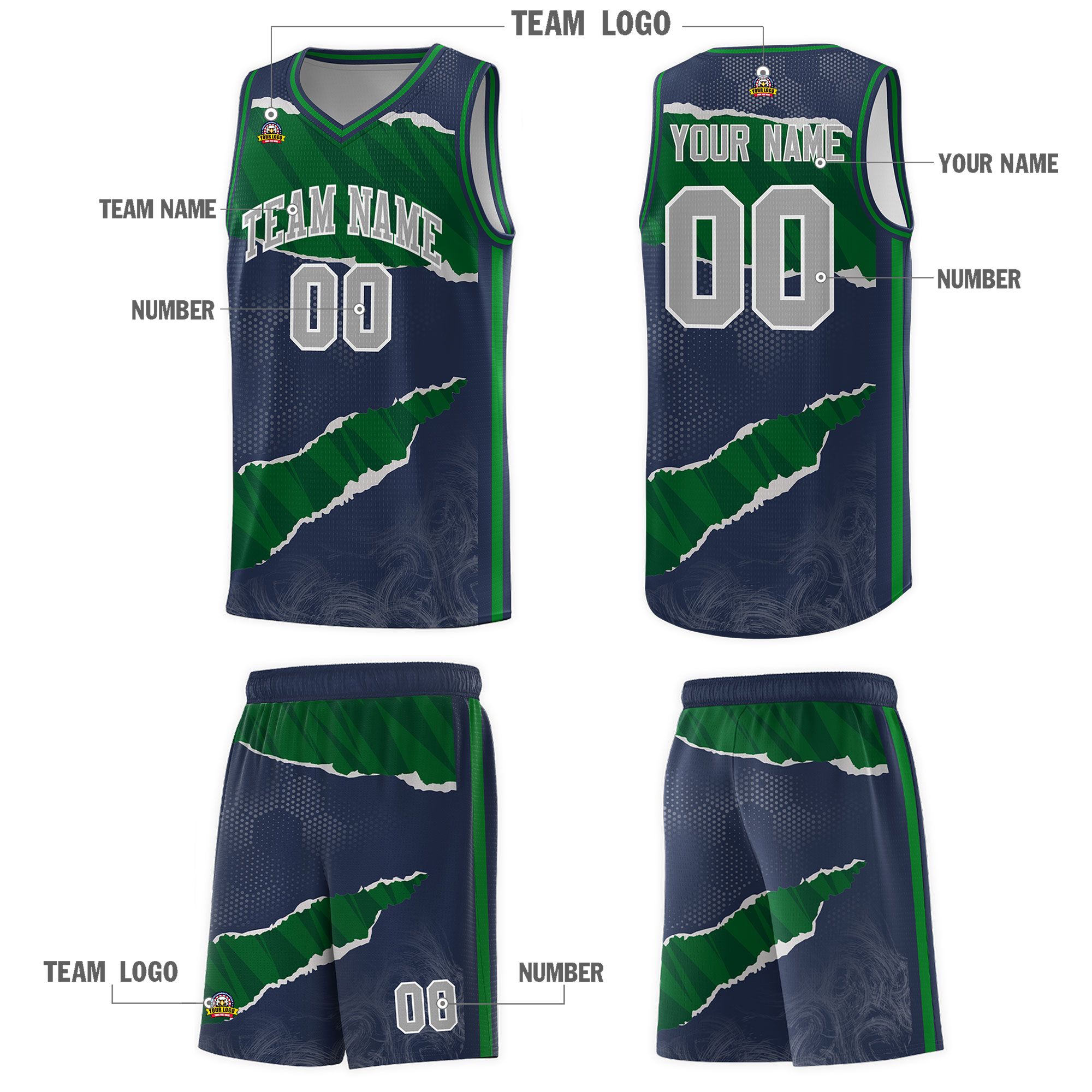 Custom Midnight Blue Kelly Green-Hunter Green Tear Graffiti Pattern Sports Uniform Basketball Jersey