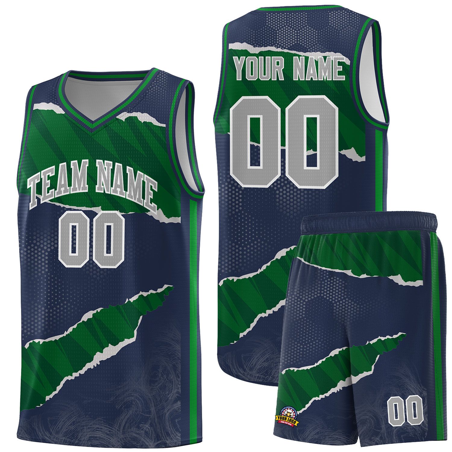 Custom Midnight Blue Kelly Green-Hunter Green Tear Graffiti Pattern Sports Uniform Basketball Jersey