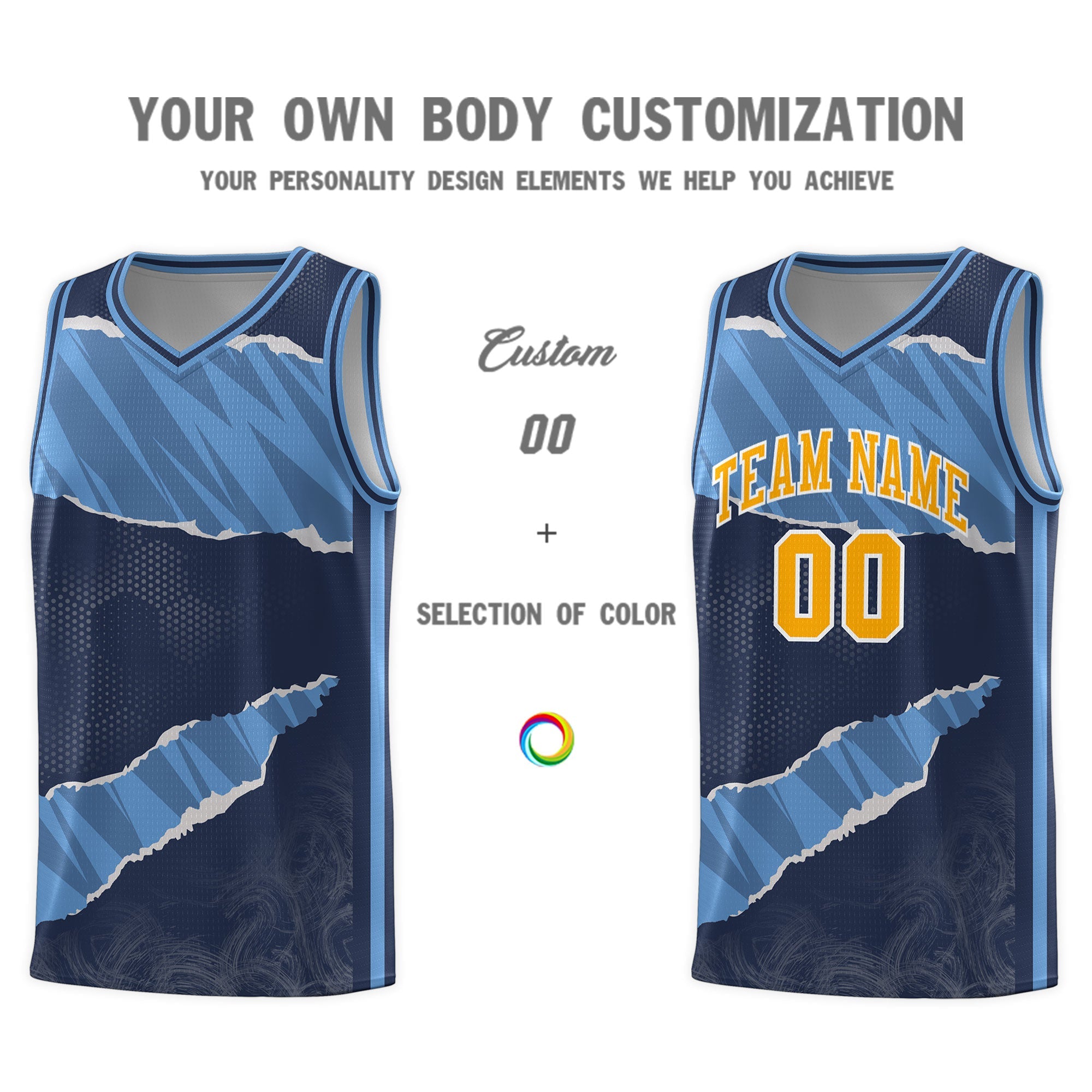 Custom Midnight Blue Light Blue-Navy Tear Graffiti Pattern Sports Uniform Basketball Jersey