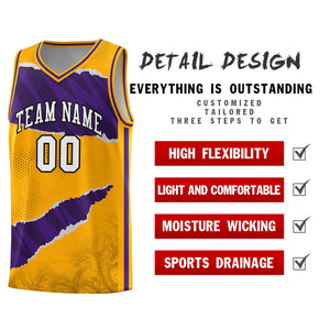 Custom Yellow Purple-Black Tear Graffiti Pattern Sports Uniform Basketball Jersey