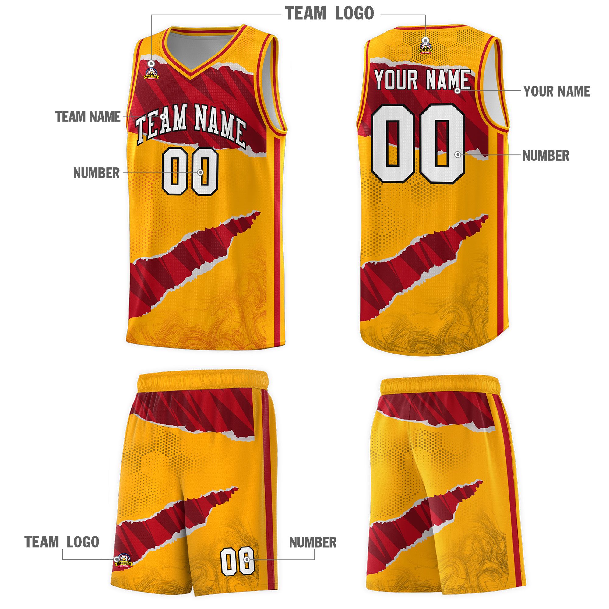 Custom Yellow Red-Black Tear Graffiti Pattern Sports Uniform Basketball Jersey