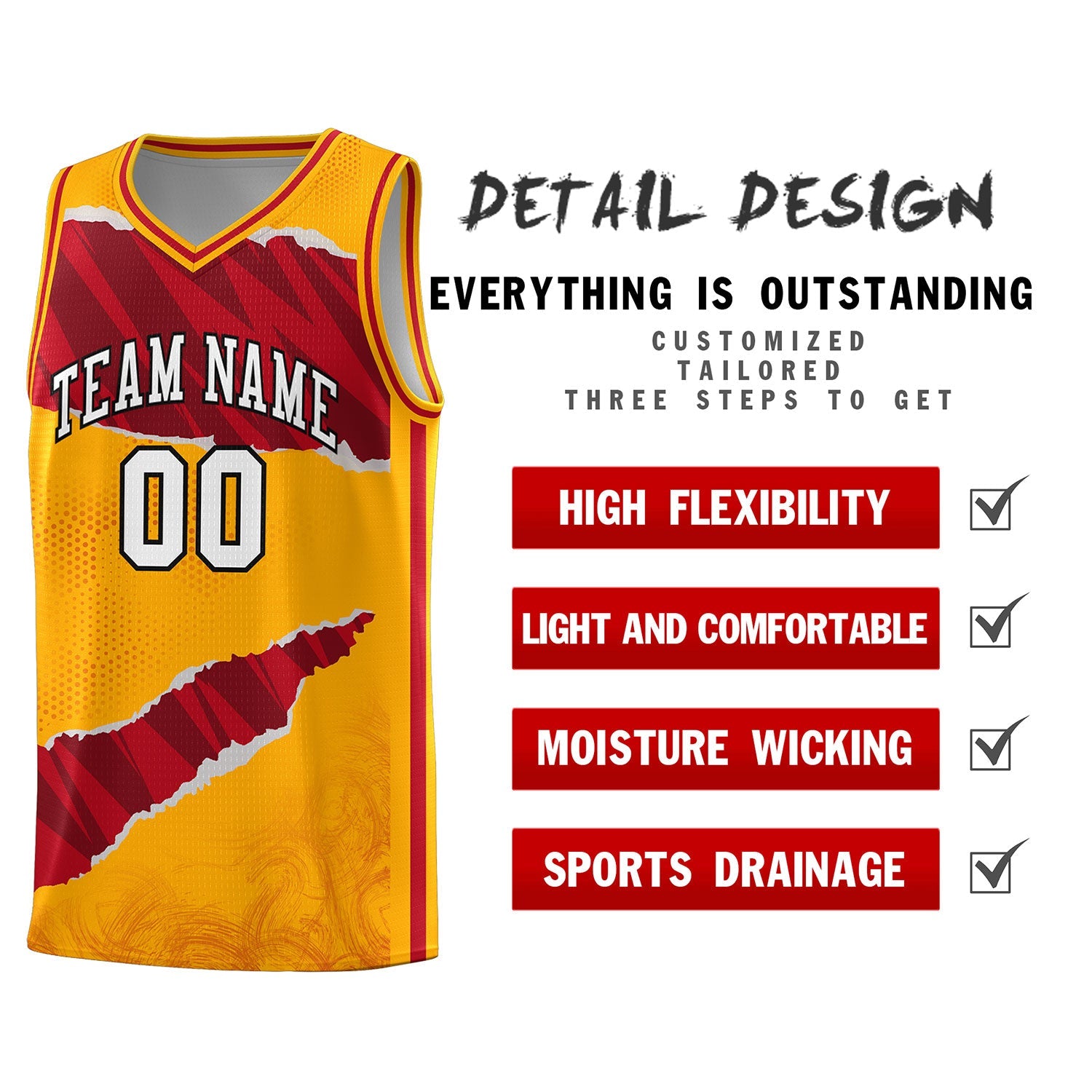 Custom Yellow Red-Black Tear Graffiti Pattern Sports Uniform Basketball Jersey