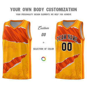 Custom Yellow Orange-Black Tear Graffiti Pattern Sports Uniform Basketball Jersey