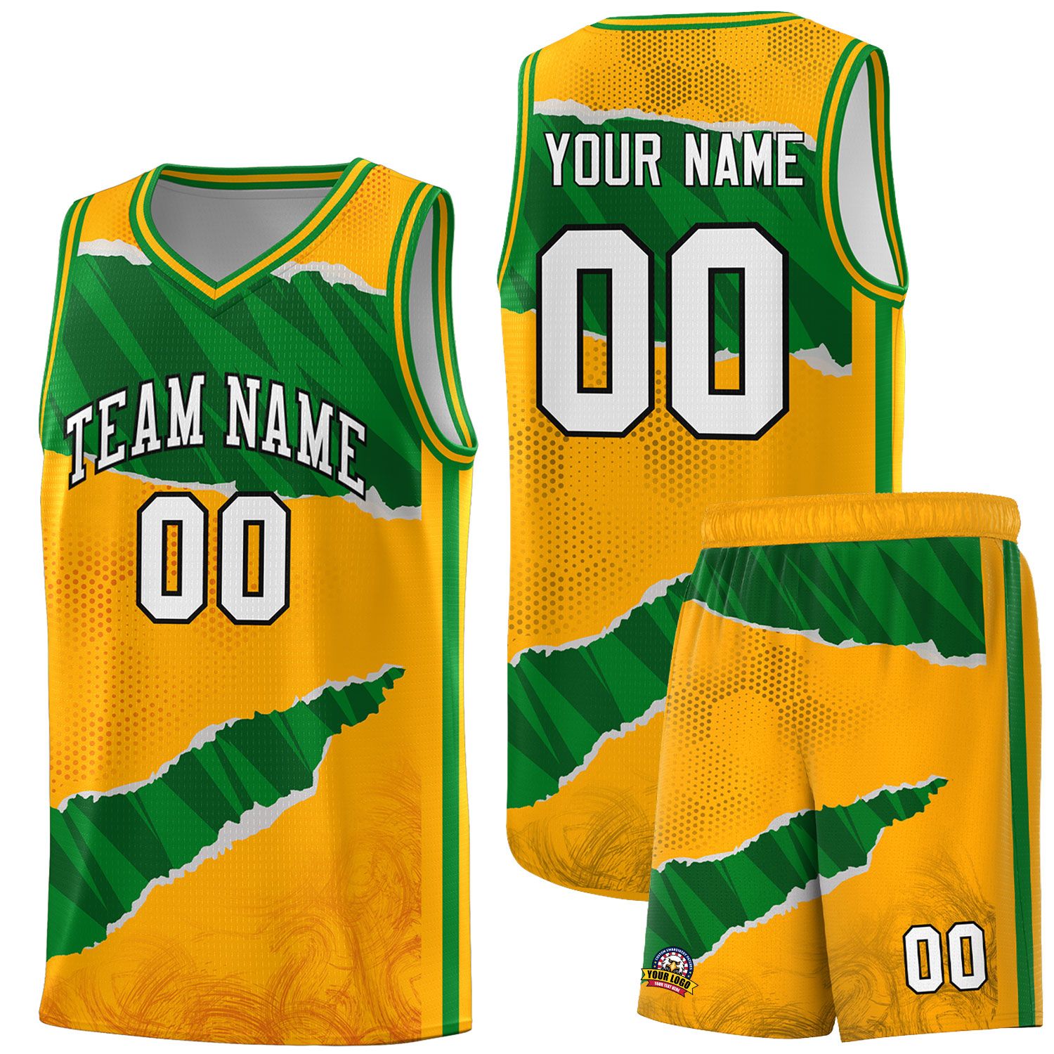 Custom Yellow Kelly Green-Hunter Green Tear Graffiti Pattern Sports Uniform Basketball Jersey