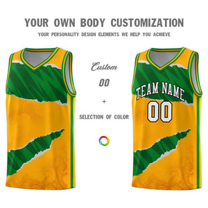 Custom Yellow Kelly Green-Hunter Green Tear Graffiti Pattern Sports Uniform Basketball Jersey