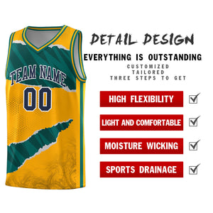 Custom Yellow Aqua-Black Tear Graffiti Pattern Sports Uniform Basketball Jersey