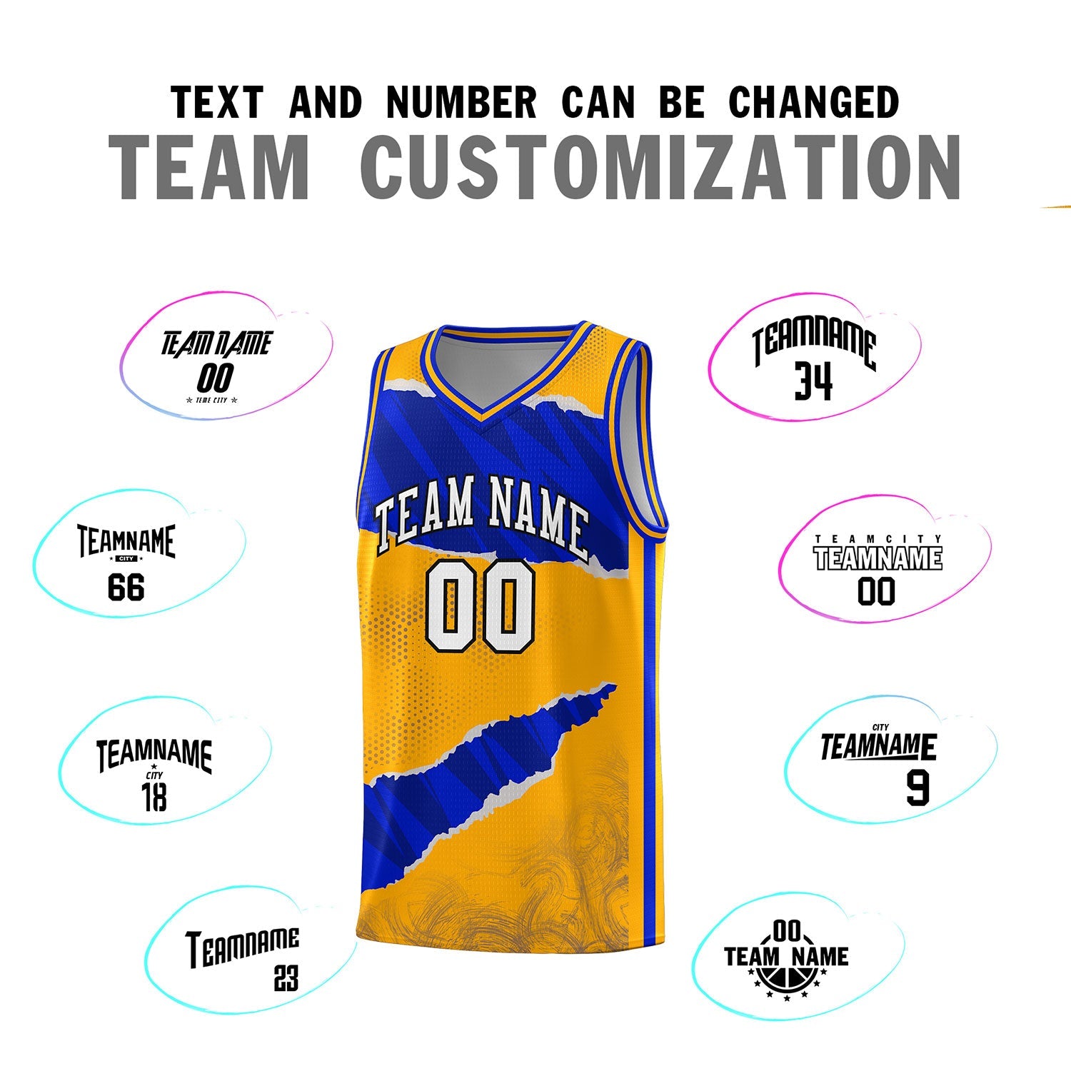 Custom Yellow Royal-Navy Tear Graffiti Pattern Sports Uniform Basketball Jersey