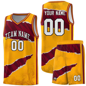 Custom Yellow Crimson-Black Tear Graffiti Pattern Sports Uniform Basketball Jersey