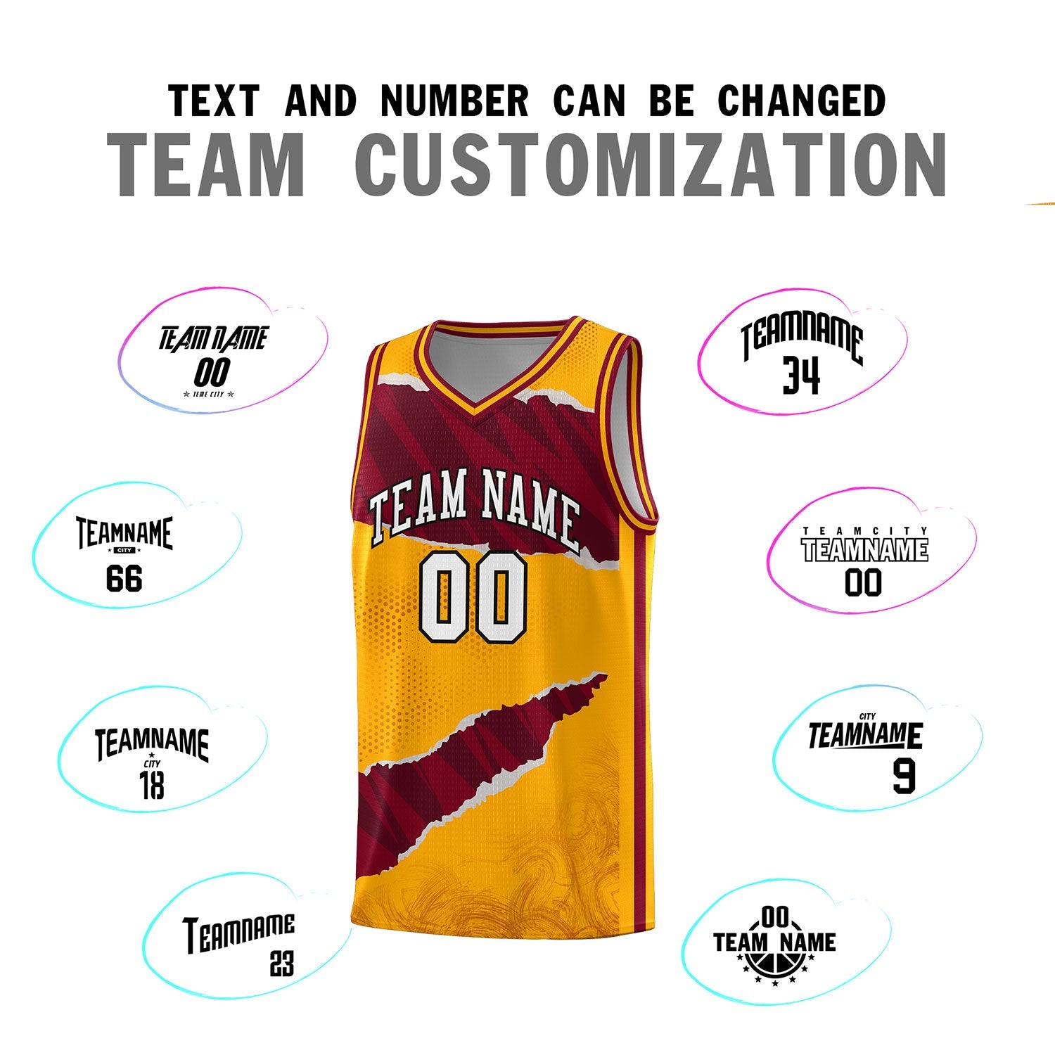 Custom Yellow Crimson-Black Tear Graffiti Pattern Sports Uniform Basketball Jersey