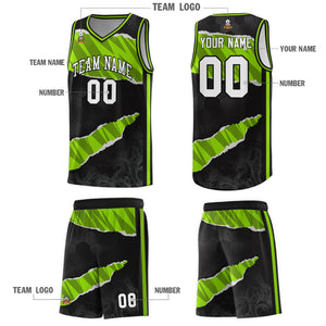 Custom Black Neon Green-Black Tear Graffiti Pattern Sports Uniform Basketball Jersey