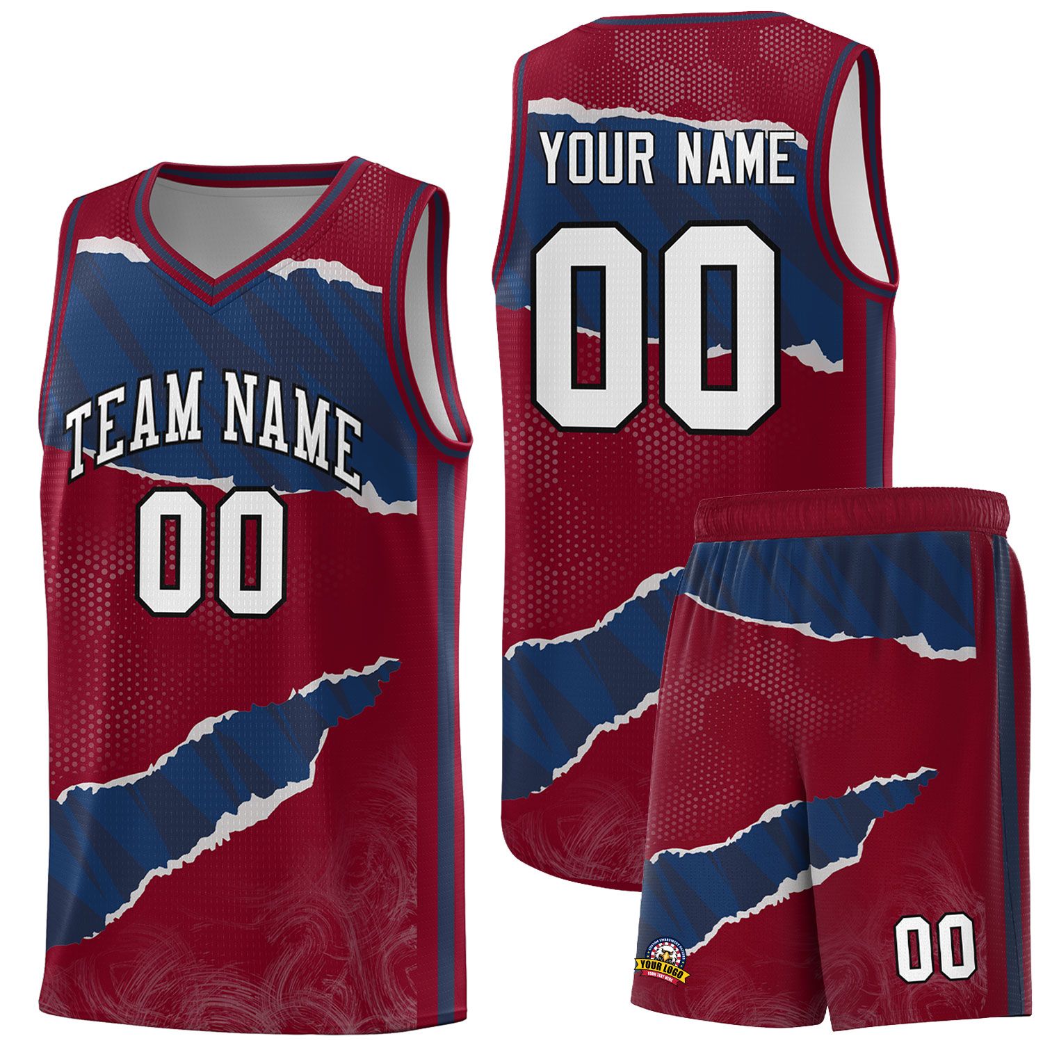 Custom Crimson Navy-Crimson Tear Graffiti Pattern Sports Uniform Basketball Jersey