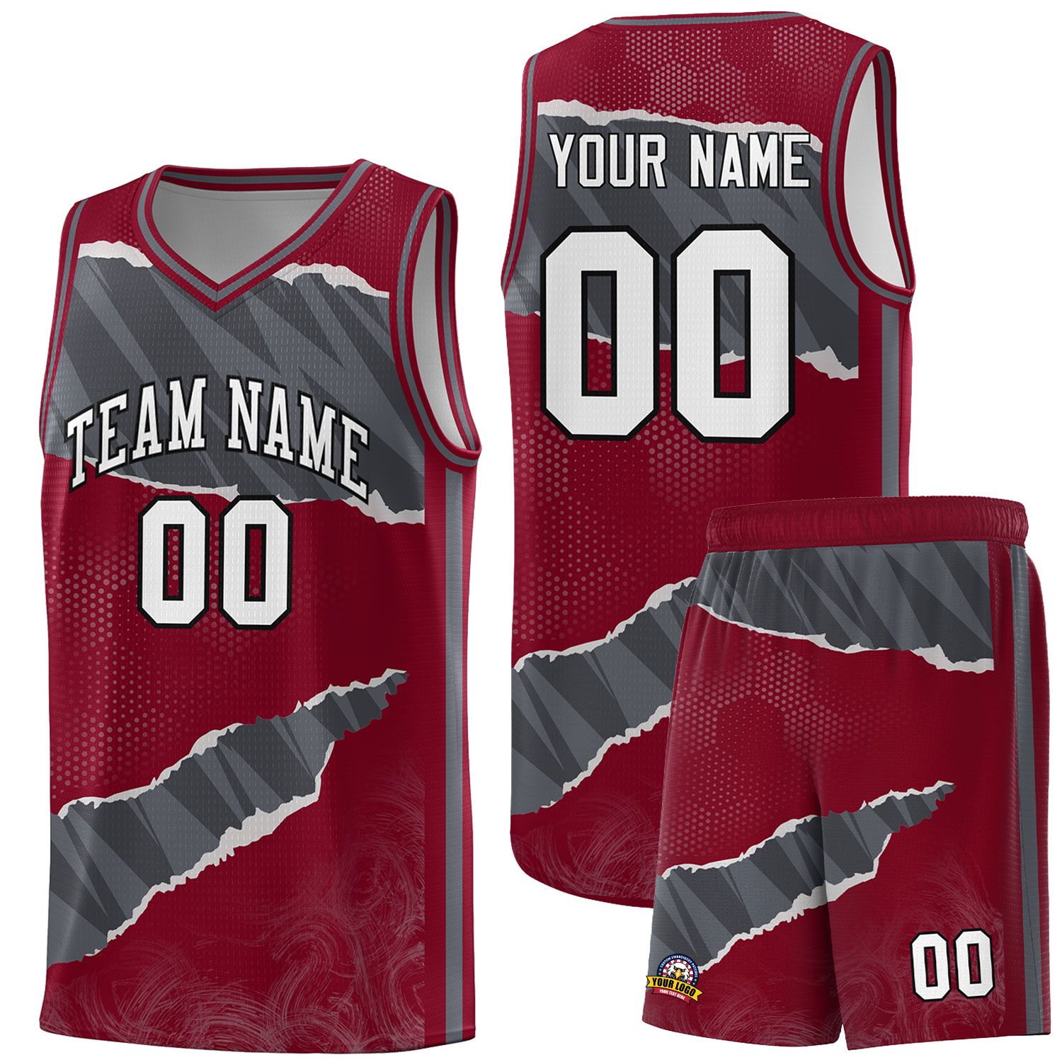 Custom Crimson Gray-Dark Gray Tear Graffiti Pattern Sports Uniform Basketball Jersey