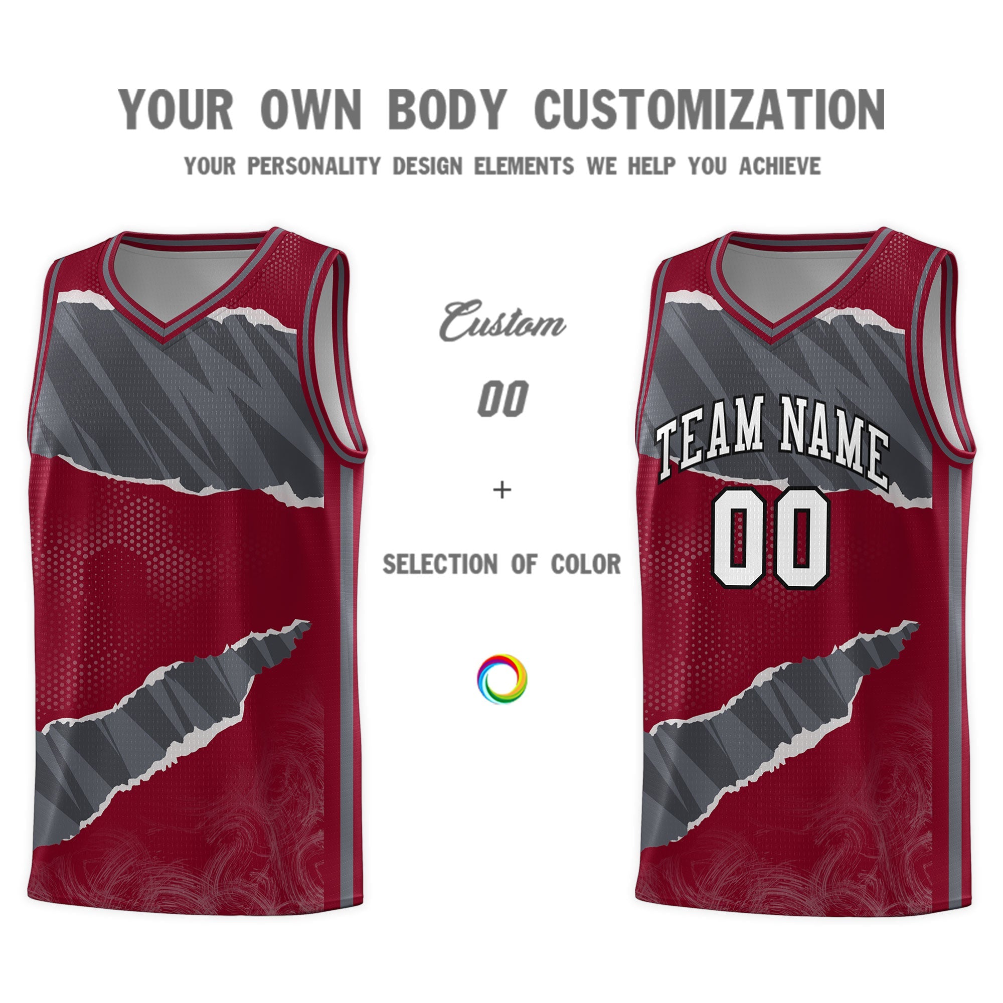 Custom Crimson Gray-Dark Gray Tear Graffiti Pattern Sports Uniform Basketball Jersey